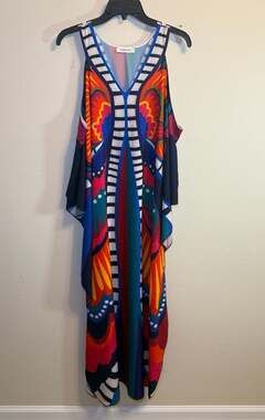 Bsubseach Butterfly Print Cold Shoulder Kaftan Beach Cover Up Dress One Size